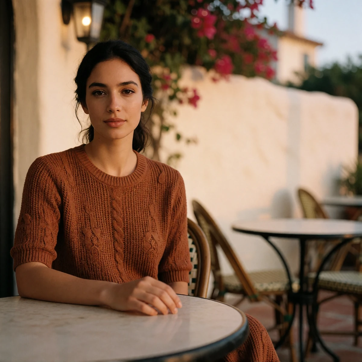 Woman with dark hair pulled back seated at an outdoor terrace table in a San Diego neighborhood at dusk