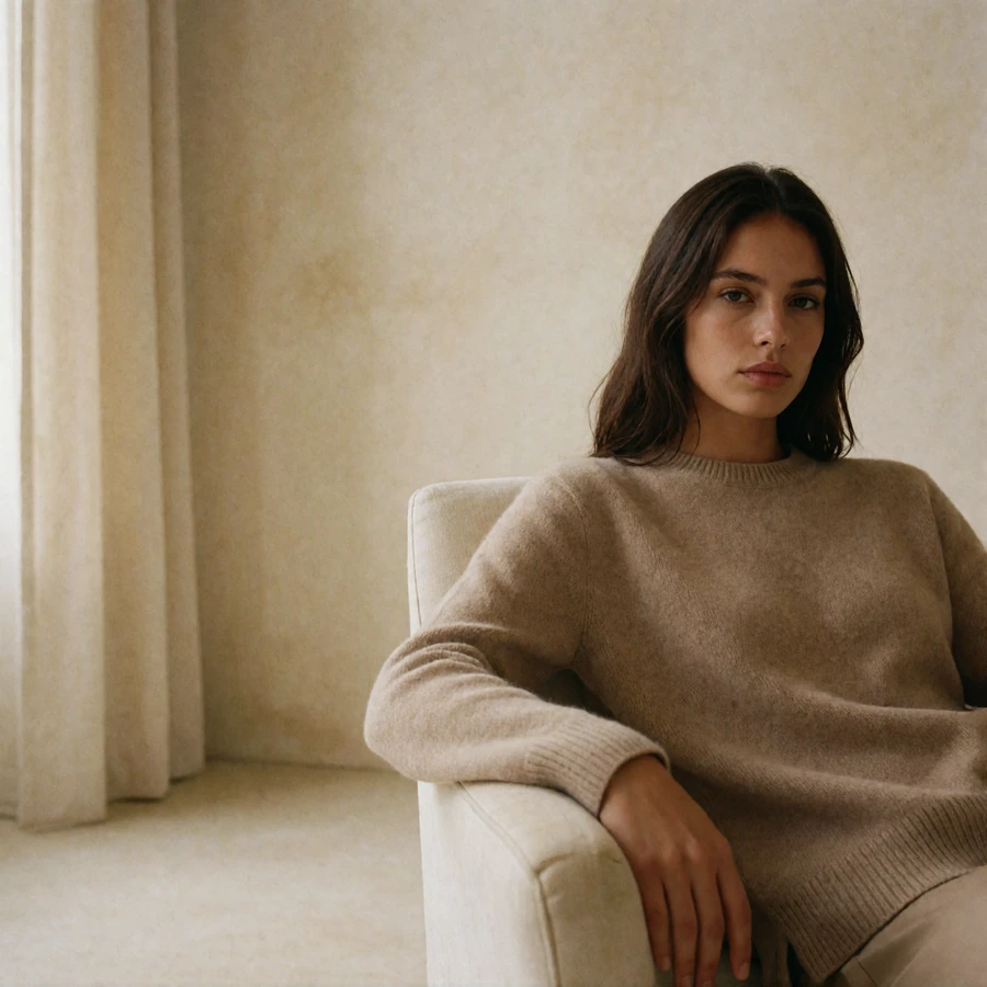 Woman in a beige cashmere sweater seated in a pale plaster interior