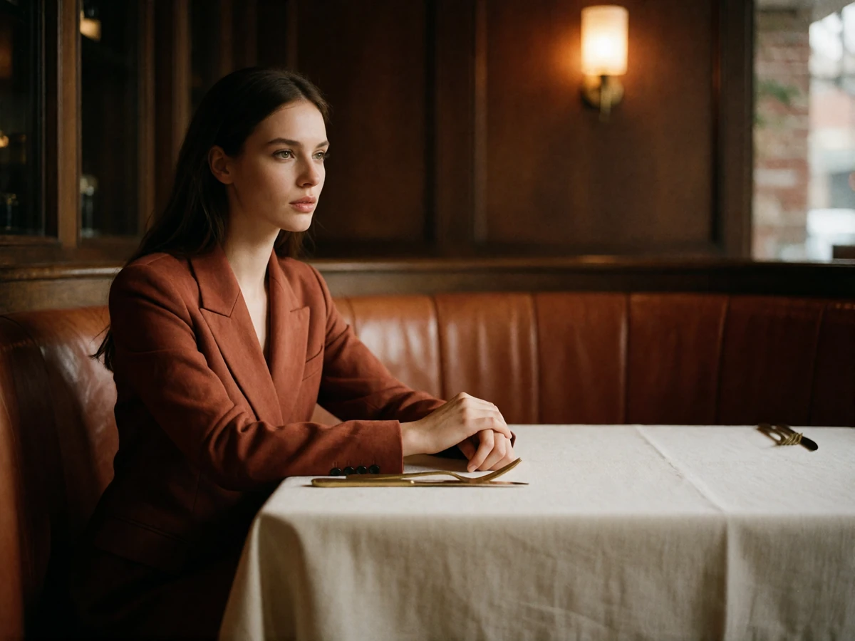 Well-dressed woman seated in a leather restaurant booth in Houston, looking toward an empty seat