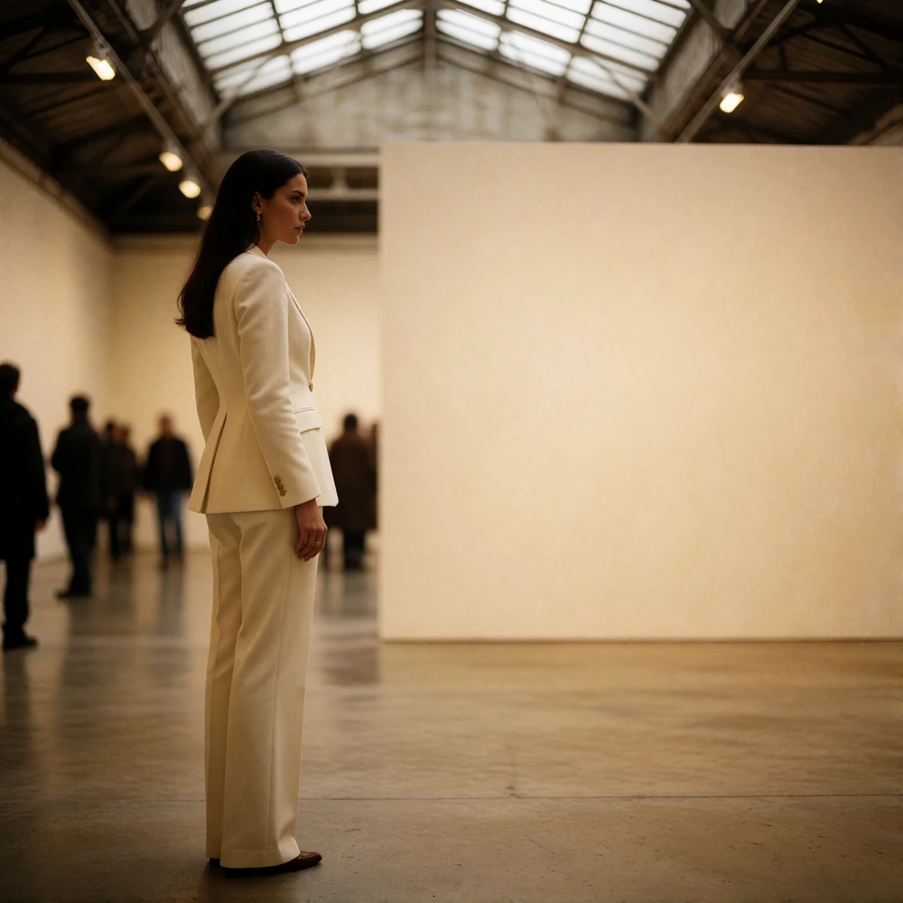 Woman in a cream trouser suit contemplating a gallery wall during an art fair