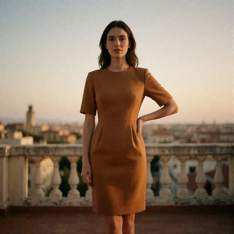 Woman in a knee-length ochre cocktail dress on a terrace at dusk