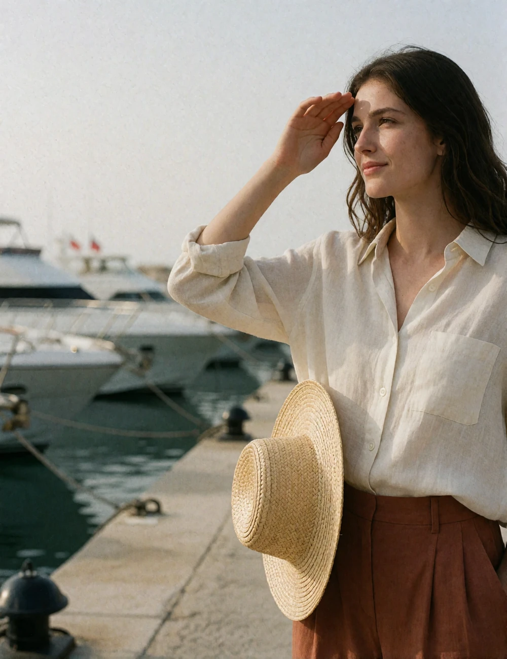 Woman in an unbranded ivory linen shirt and sand trousers standing on a sunlit marina walkway