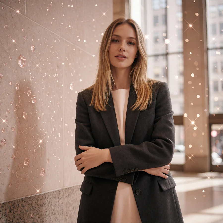 Poised woman in a charcoal blazer standing in a bright Midtown office lobby