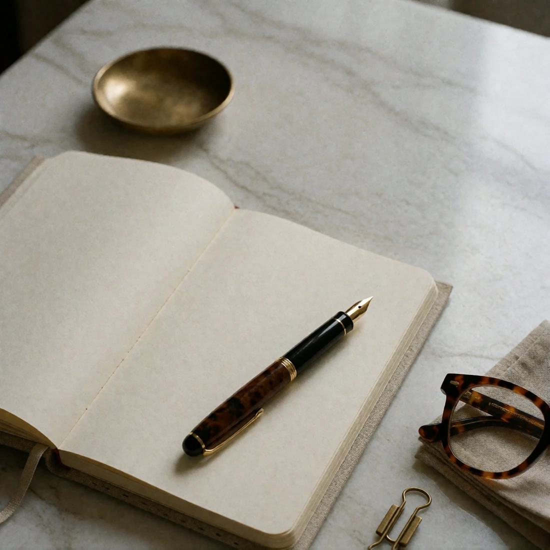 Open blank cream notebook with a dark lacquer fountain pen and tortoiseshell reading glasses on a pale marble desk