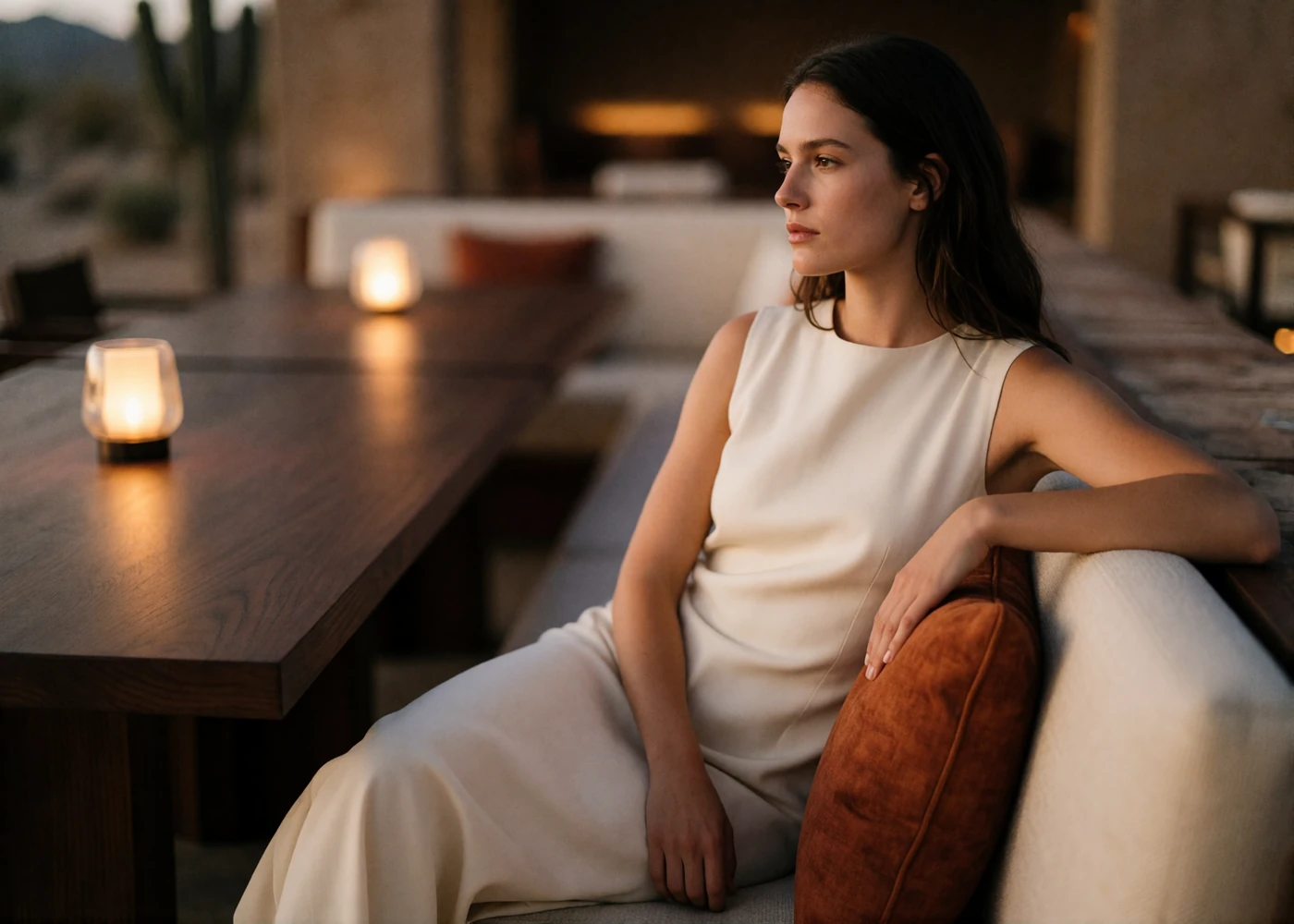 Woman in a cream column dress seated alone at a quiet desert-resort lounge banquette at dusk
