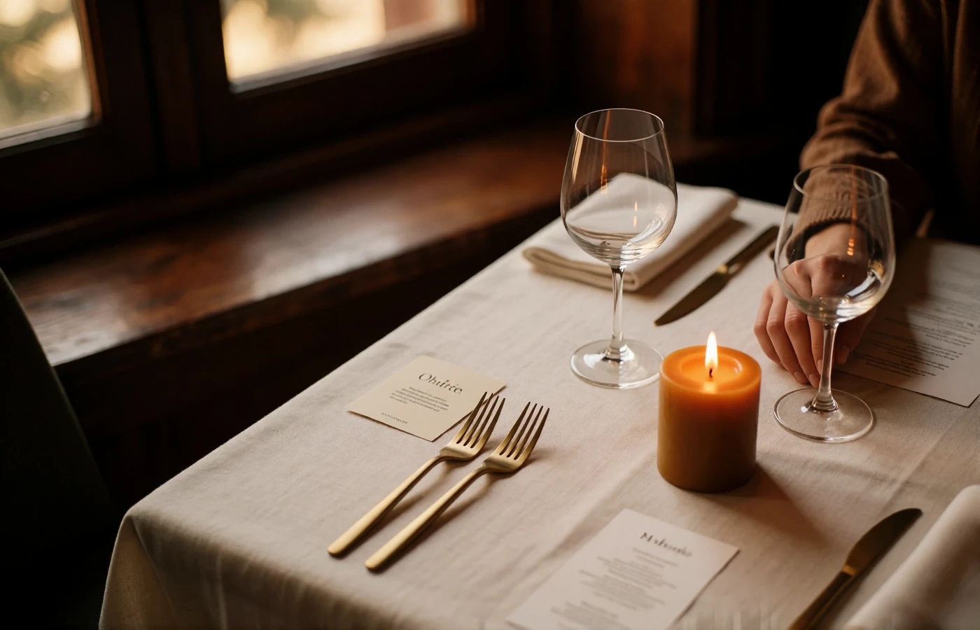 Quiet two-person table set with linen, stemmed glasses and candlelight in an upscale Seattle restaurant