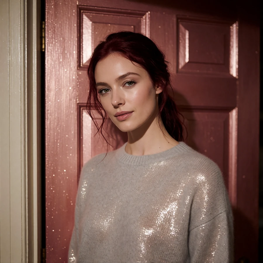 Graceful woman with dark red hair in a cashmere sweater standing in a Southern home doorway in Nashville