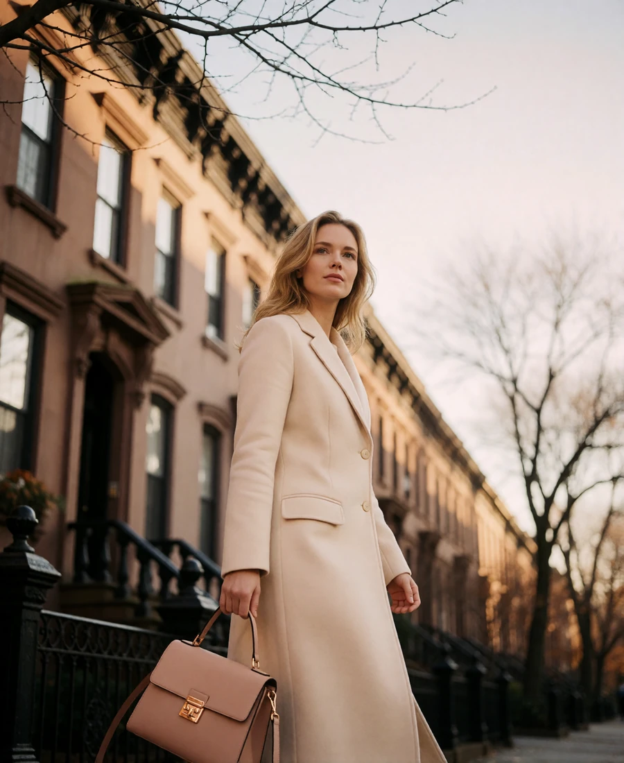 Blonde woman in a tailored cream coat walking along a leafy Chicago Gold Coast street