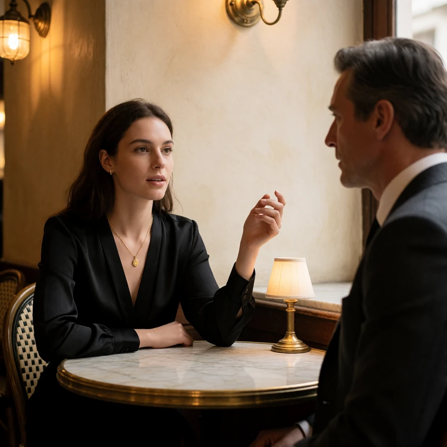 Elegant woman in black silk talking with a distinguished man across a marble table in a hotel bar