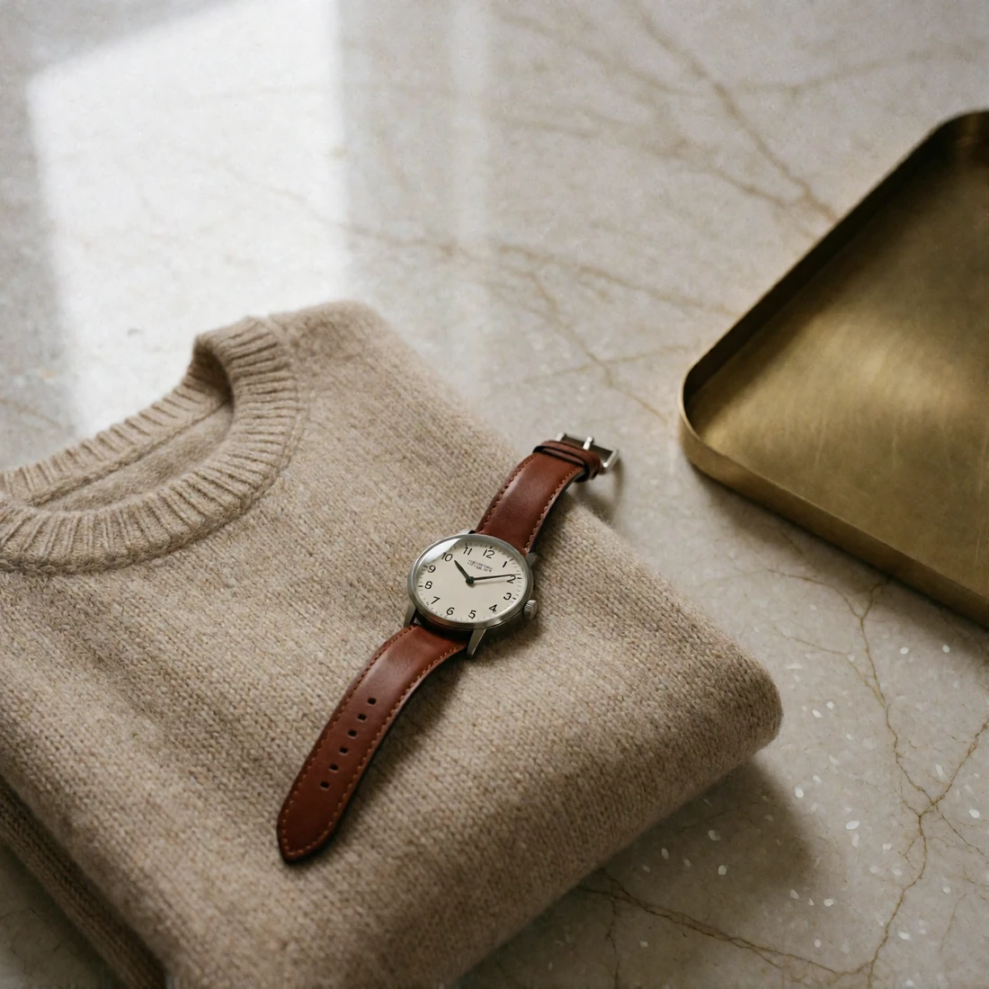 Folded oatmeal cashmere sweater and an unbranded mechanical watch with a chestnut leather strap on pale marble