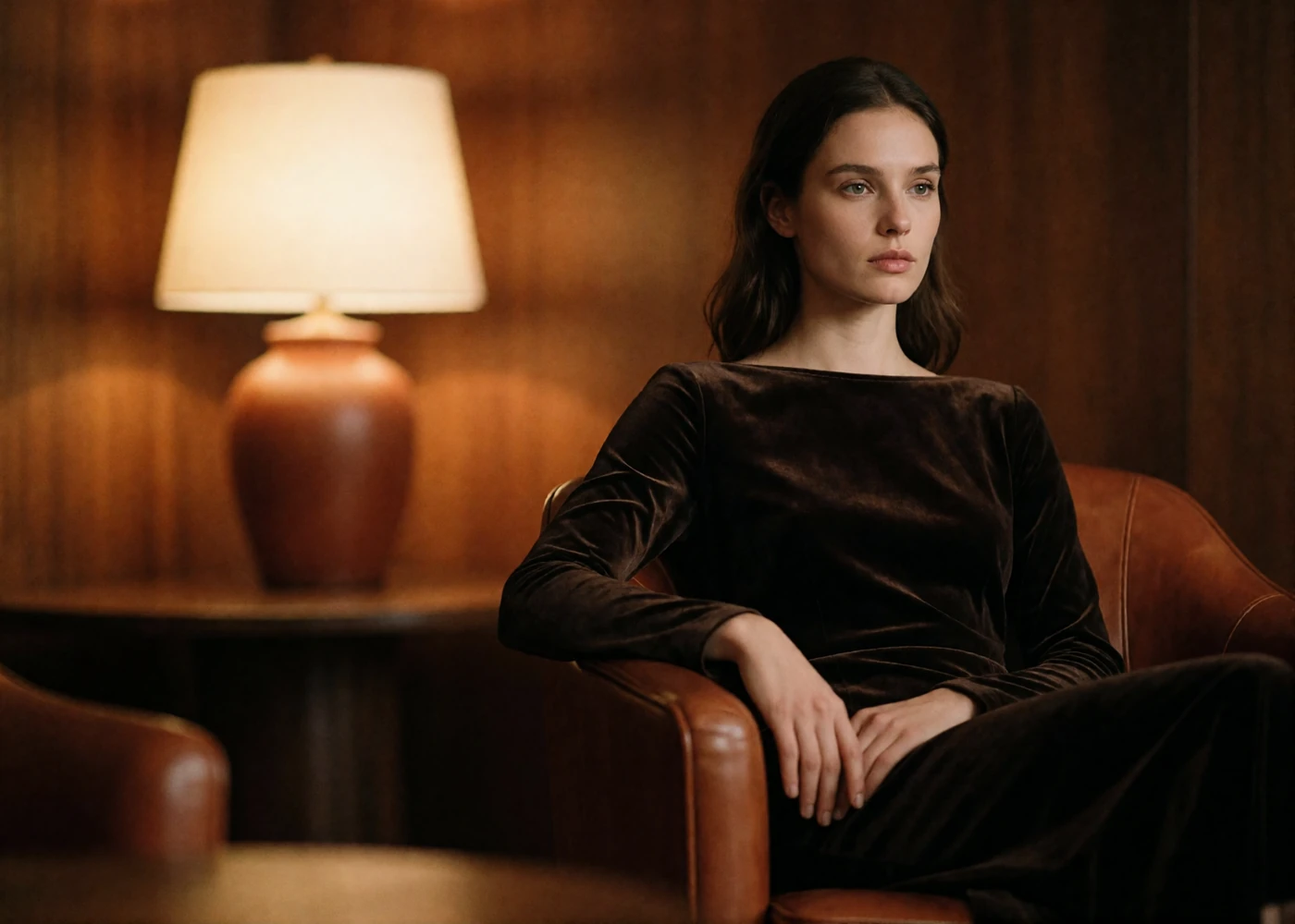 Woman in a dark velvet dress seated in a private lounge armchair in the evening