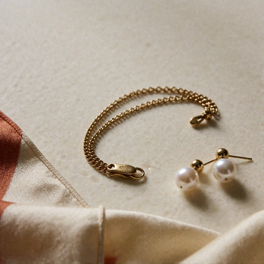 Slim gold chain, small pearl earrings and folded ivory silk scarf arranged on alabaster paper