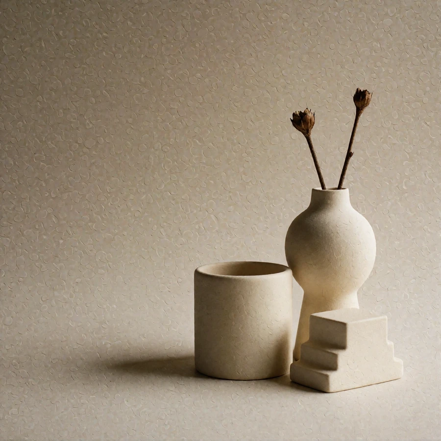 Three unglazed cream ceramic objects arranged asymmetrically on an alabaster backdrop in raking daylight