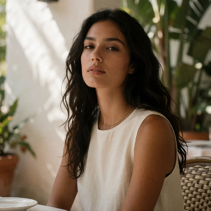 Woman with dark wavy hair seated at a shaded outdoor restaurant terrace in Central Florida