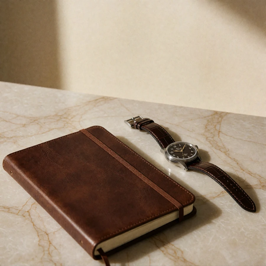 Closed leather notebook, fountain pen and wristwatch arranged on a marble desk