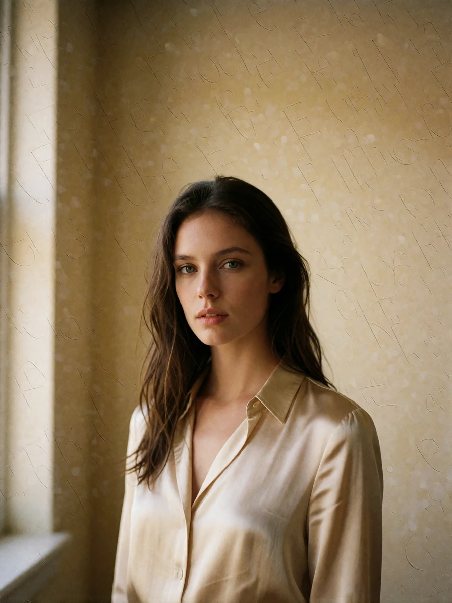 Woman in a champagne satin blouse in soft window light