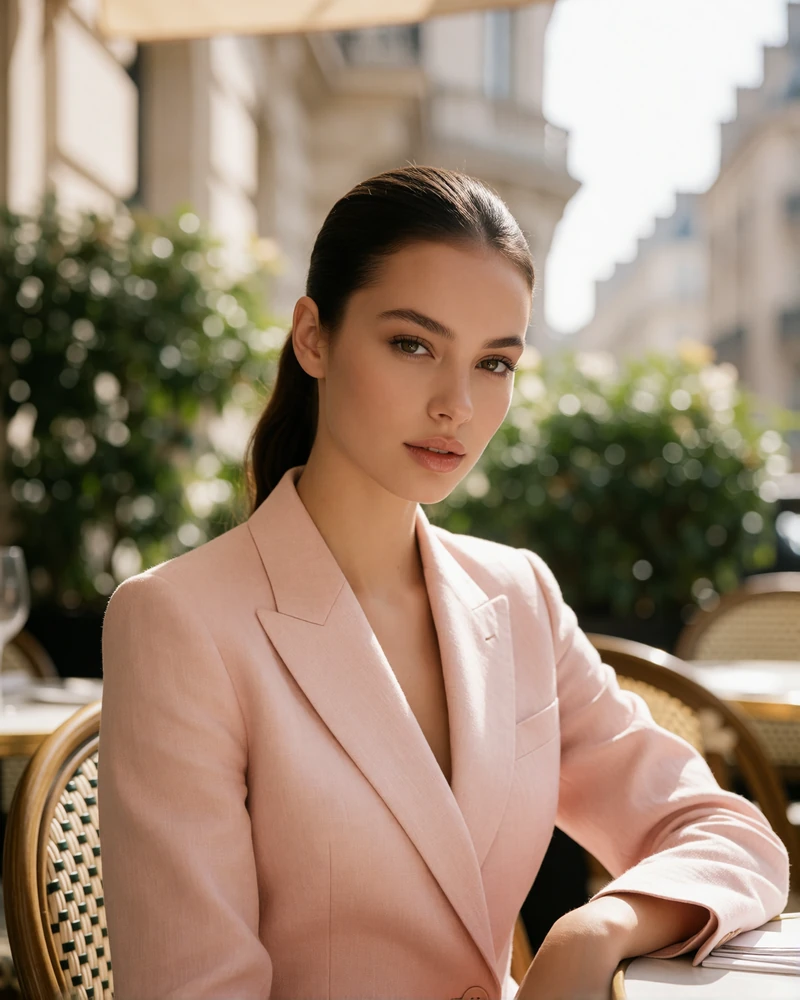 Elegant woman in a pale pink linen blazer seated at a sunlit café terrace