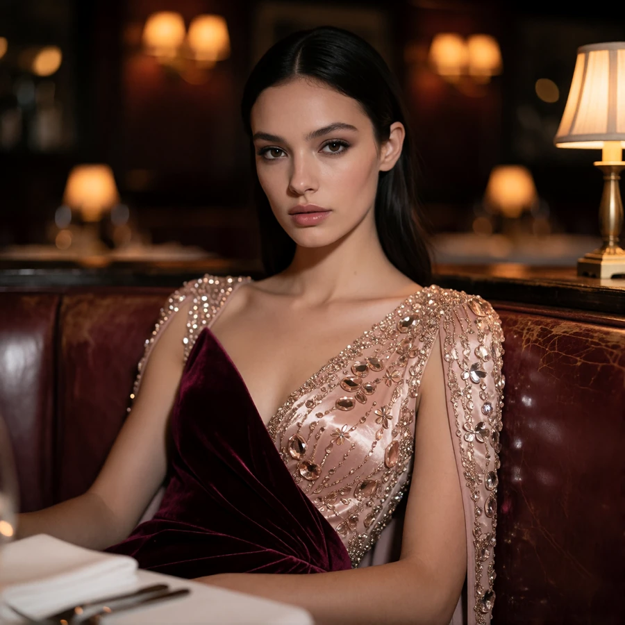 Refined woman in a burgundy velvet dress seated in a leather banquette at an Uptown Dallas steakhouse