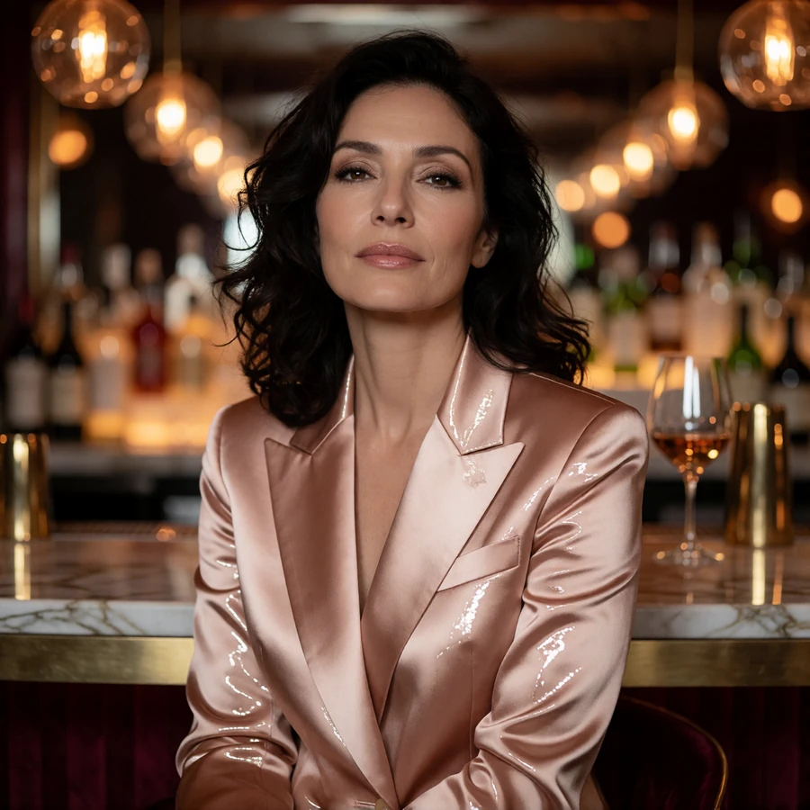 Elegant woman in her mid-forties in an espresso blazer at a marble bar counter in a Miami lounge