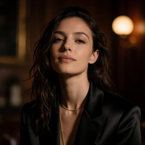 Portrait of a woman in a black satin blazer in a dimly lit upscale interior