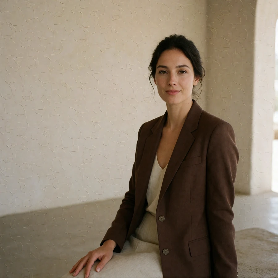 Woman in a tailored espresso-brown blazer standing in a minimal desert-modern gallery interior