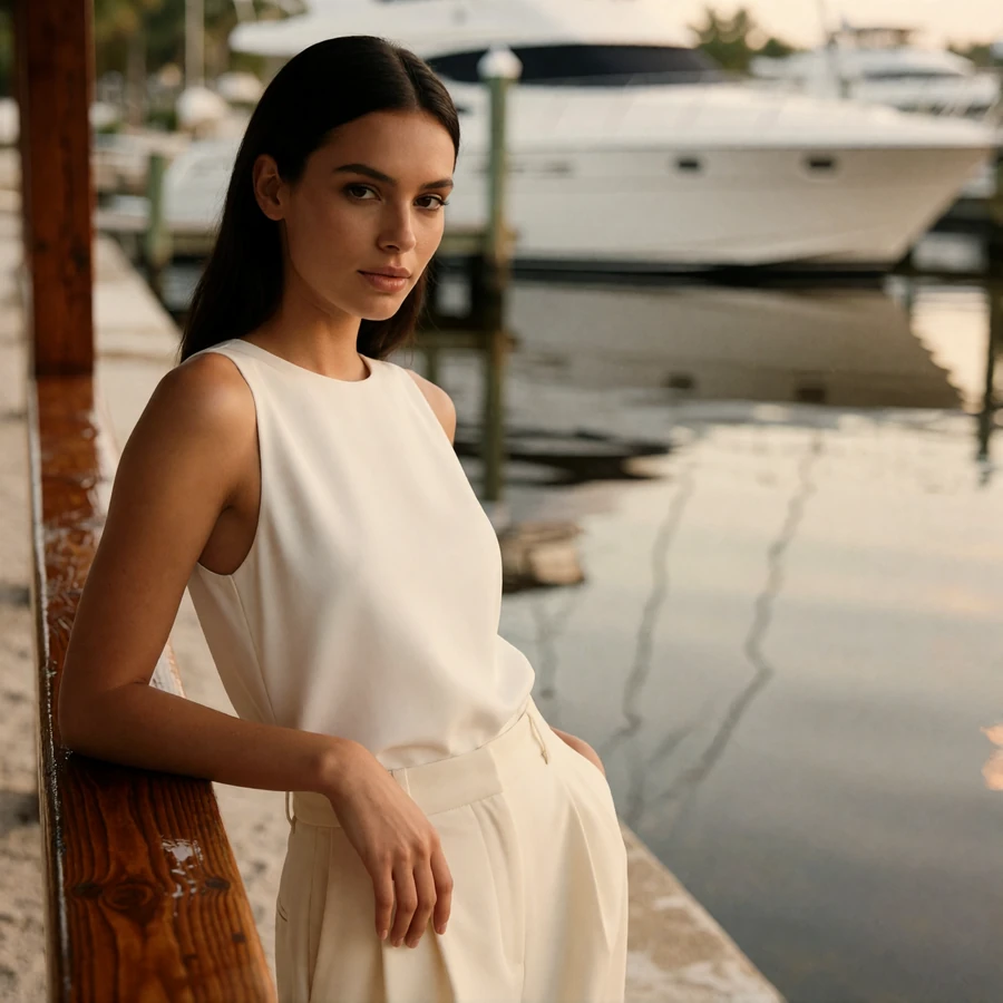 Woman in a white top and cream trousers leaning against a rail at a Florida marina