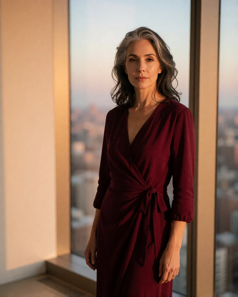 Elegant woman with silver-streaked dark hair in a burgundy wrap dress beside a penthouse window at dusk
