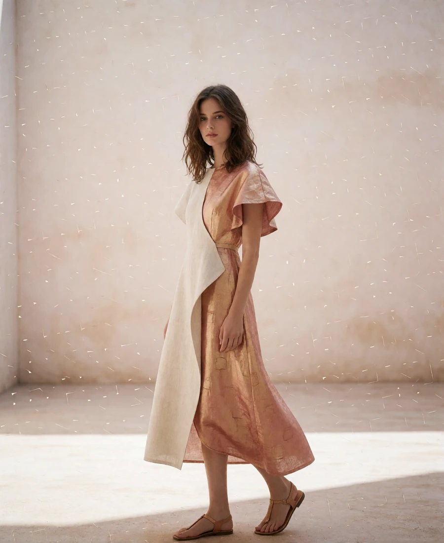 Young woman with wavy brunette hair in a linen dress standing in a minimalist Design District courtyard
