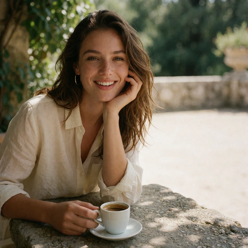 Woman in an ivory linen shirt laughing over espresso on a shaded stone terrace