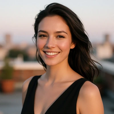 Portrait of a smiling woman in a black dress on a rooftop terrace at dusk