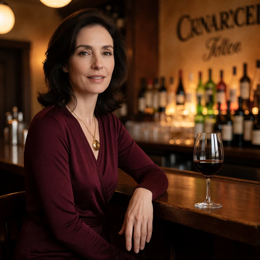Woman in a burgundy wrap top smiling at the counter of an intimate warm-lit wine bar