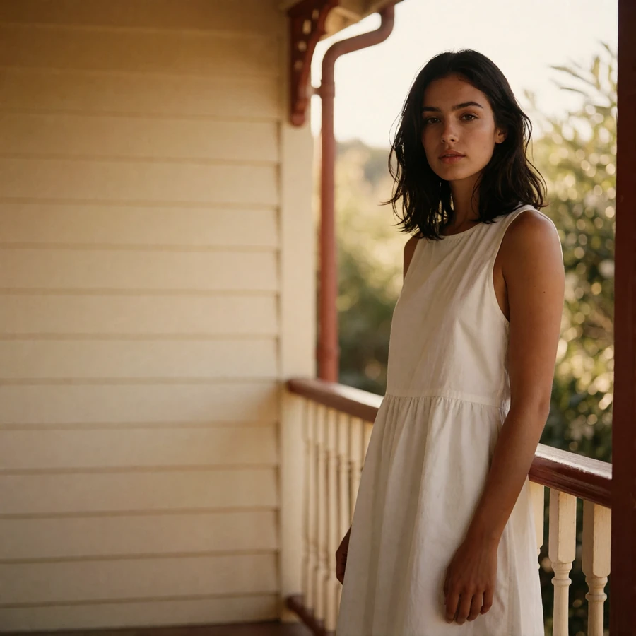 Young woman in a white cotton dress standing on a shaded Tampa bungalow veranda