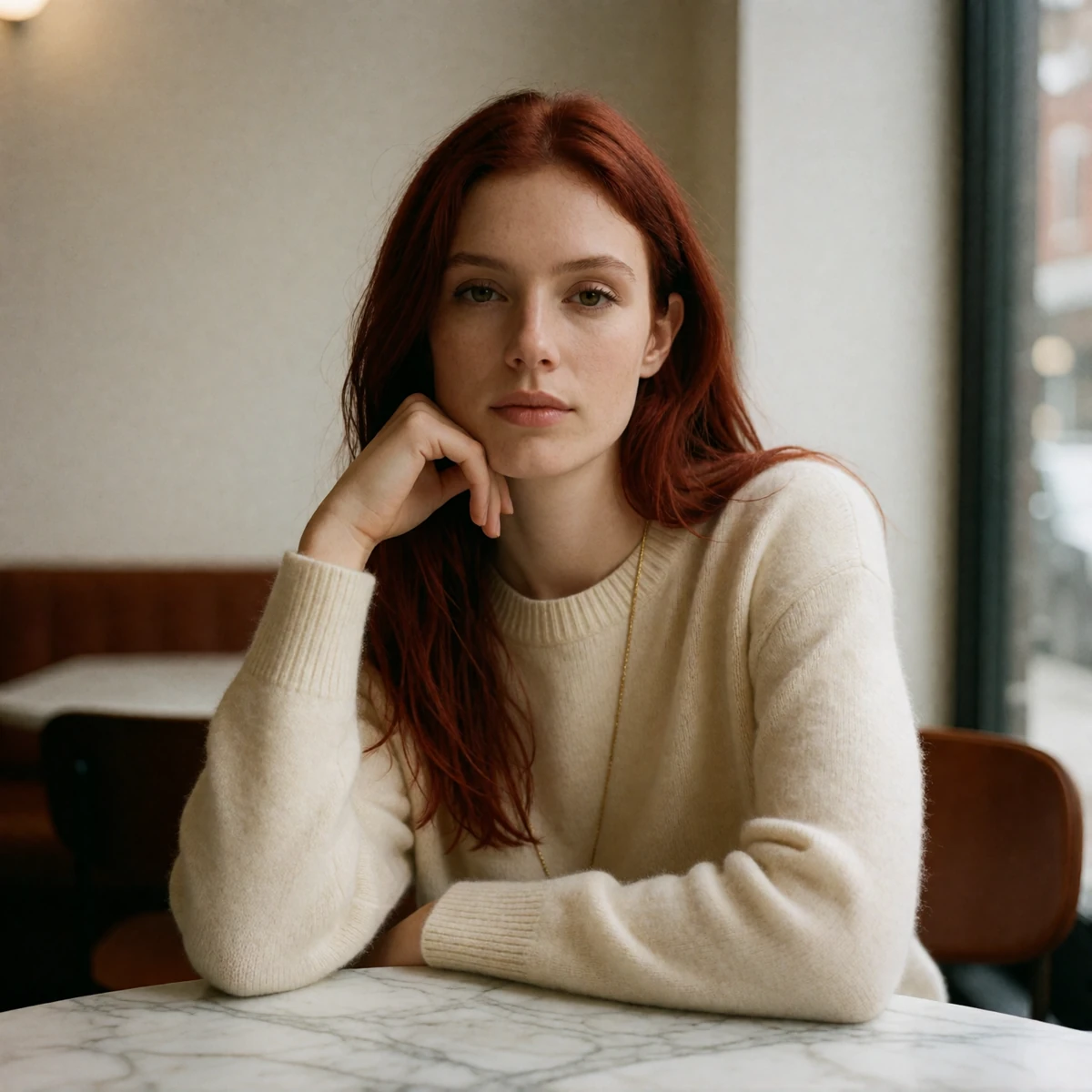 Woman with auburn hair seated at a marble cafe table in an upscale Columbus gallery-district space