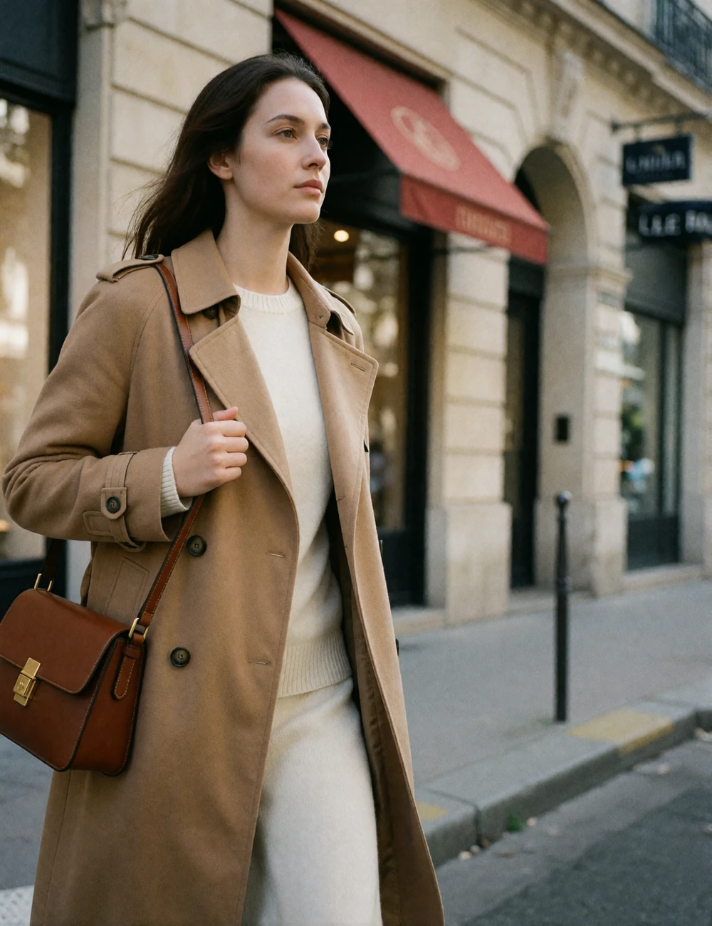 Woman in a camel trench coat walking alone along a quiet upscale city street in soft morning light