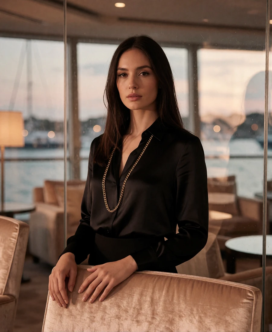 Woman with long dark hair in a black silk blouse standing in a glass-walled Boston waterfront office lounge