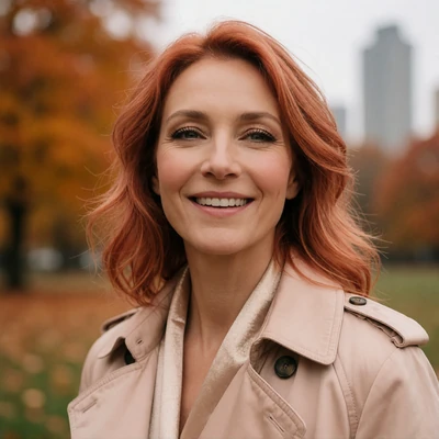 Portrait of a lively woman with copper-toned hair in a softly blurred autumn city park