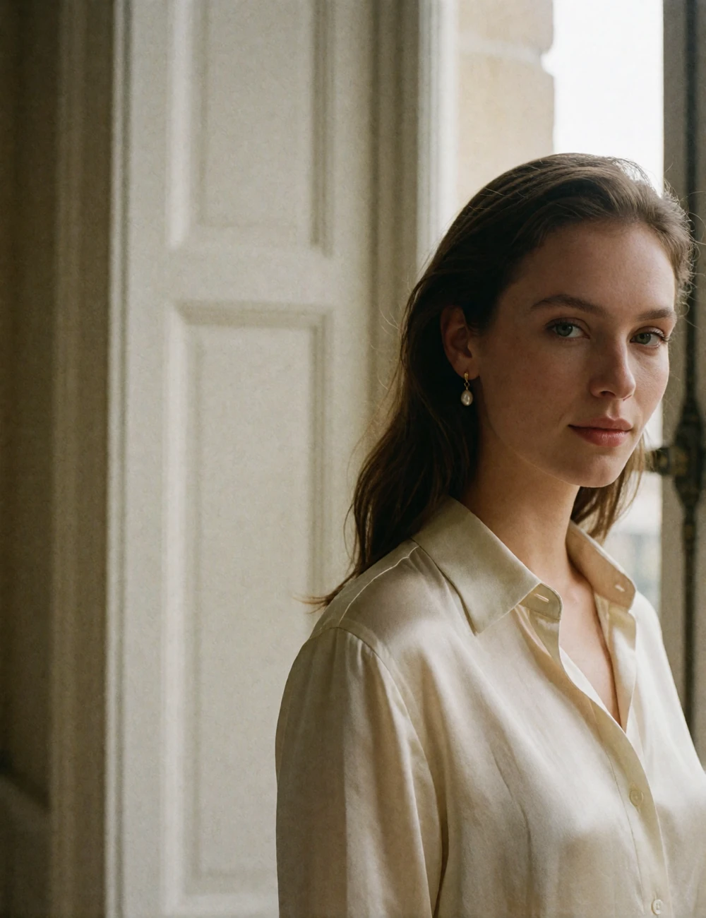 Poised woman in an unbranded ivory silk shirt standing beside a tall window in a pale panelled room