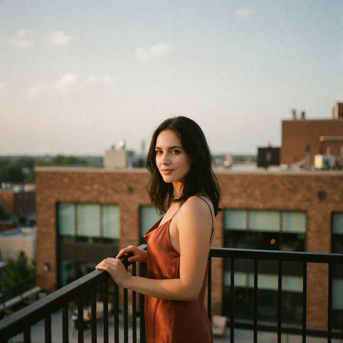 Woman in a burnt sienna slip dress on a Columbus rooftop terrace at golden hour