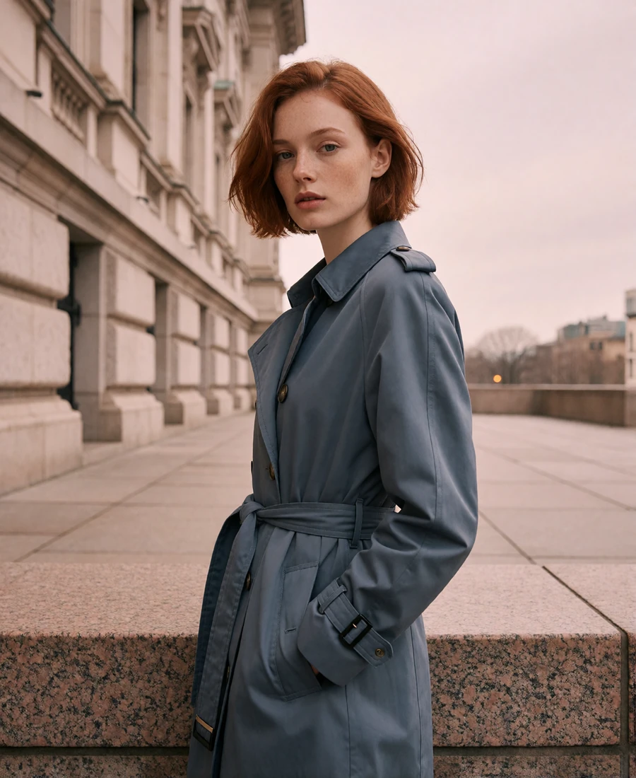 Woman with short auburn hair in a slate-blue trench coat standing beside a historic stone facade in Boston