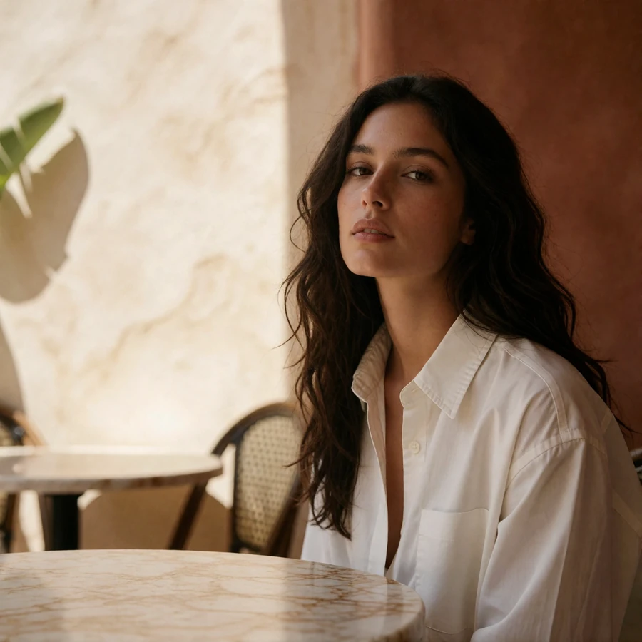 Woman in a crisp white shirt seated at a marble café table in a shaded Scottsdale courtyard