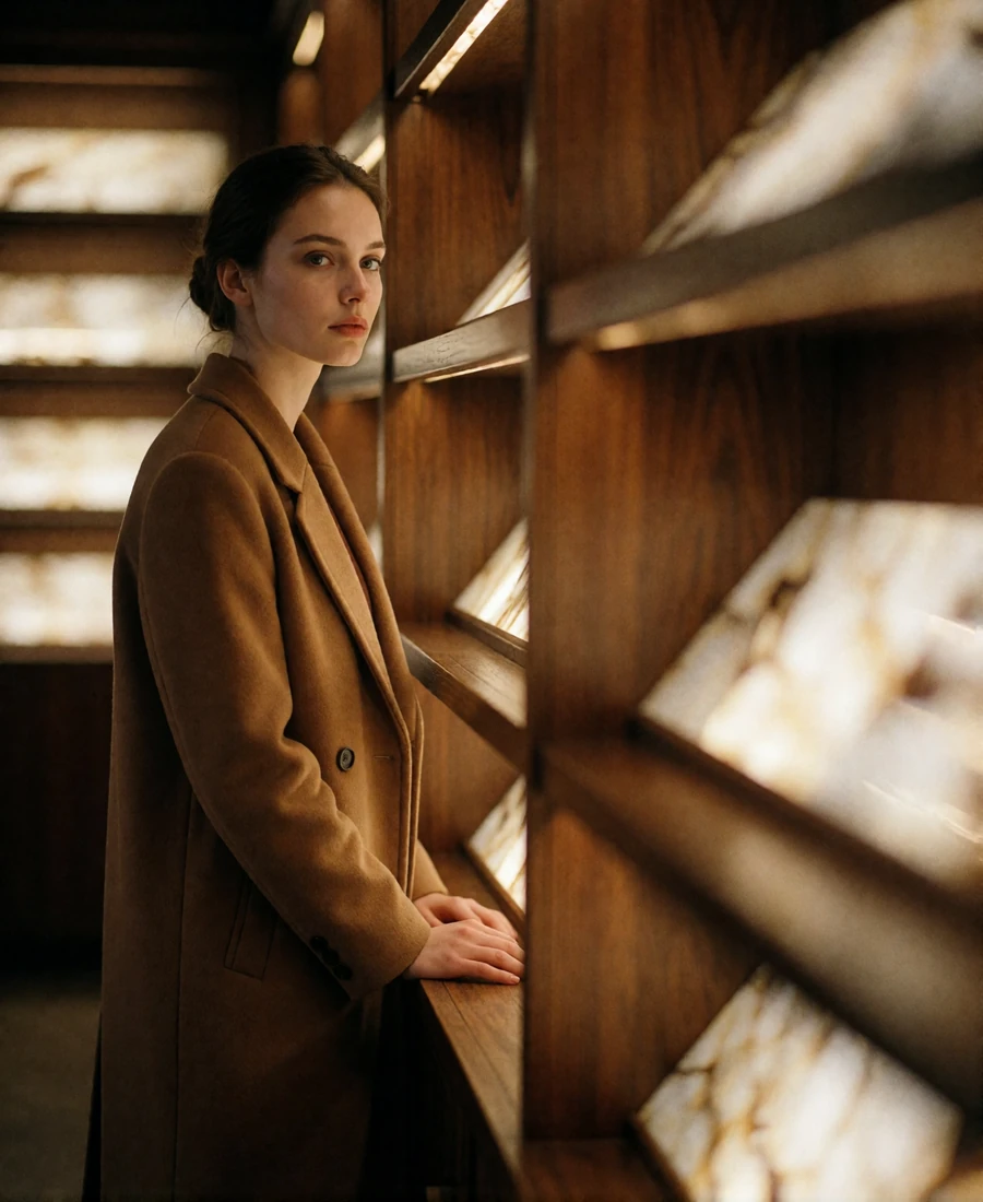 Woman in a camel wool coat standing in a tall wooden bookstore aisle in Portland