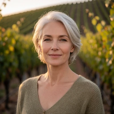 Portrait of a serene woman with short silver hair against a softly blurred vineyard hillside