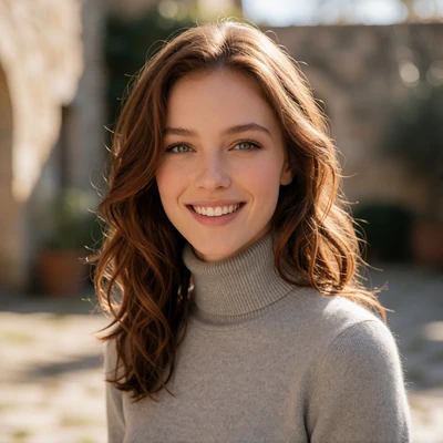 Portrait of a smiling young woman with wavy chestnut hair in a sunlit stone courtyard