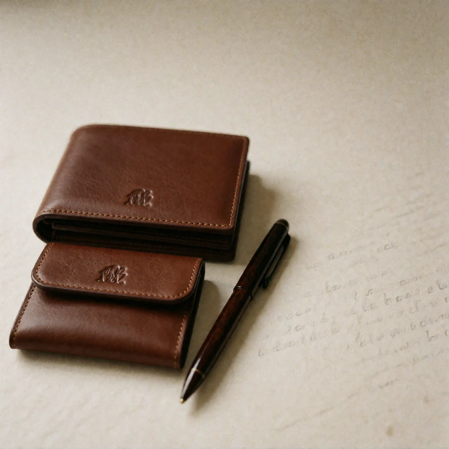 Unbranded chestnut leather wallet and document case stacked beside a plain dark lacquer pen on cream paper