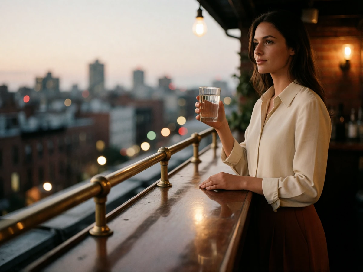 Well-dressed woman standing at a rooftop bar rail in Denver on a clear evening