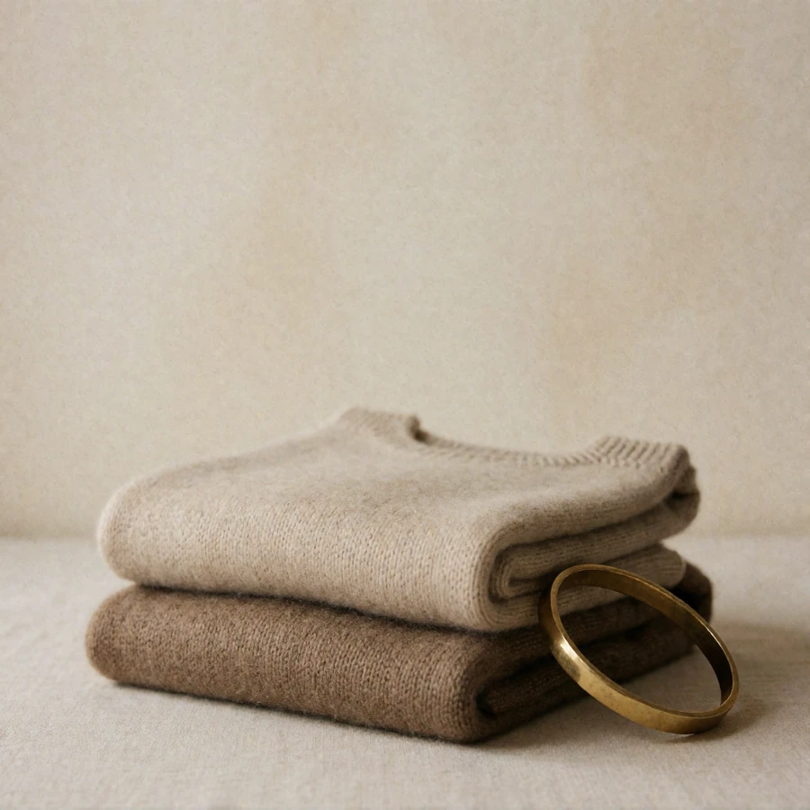 Folded cashmere knits in oatmeal and taupe beside a slim gold bangle