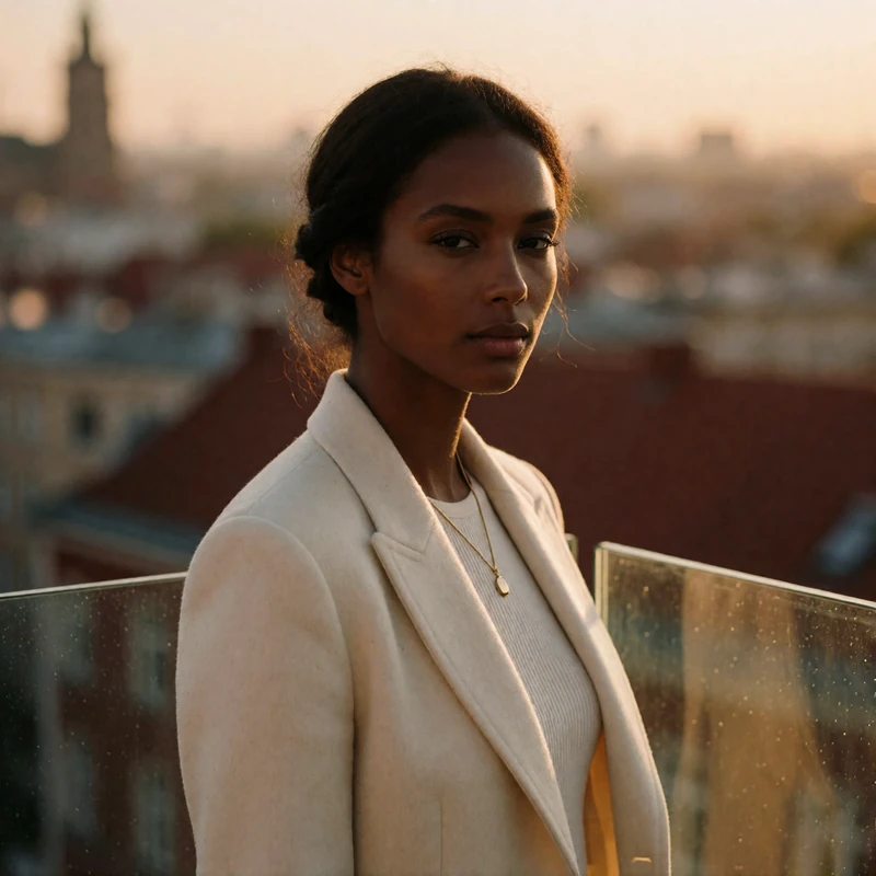 Confident young woman in a cream blazer at a rooftop lounge railing at golden hour