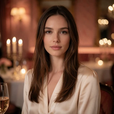 Portrait of a woman in a cream silk blouse in a warmly lit upscale restaurant