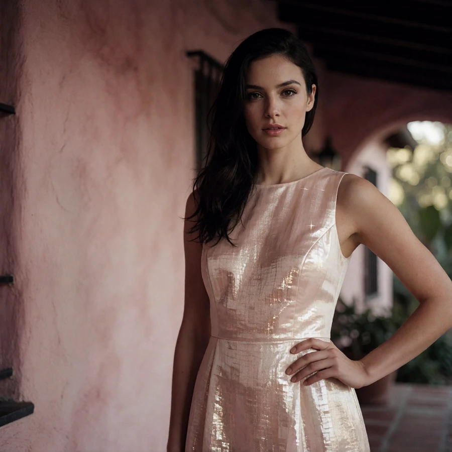 Poised woman in an ivory dress on a shaded porch of a Spanish-colonial home in Alamo Heights, San Antonio