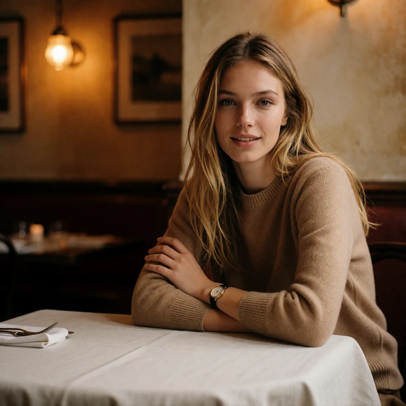 Blonde woman in a camel cashmere knit smiling at an upscale restaurant table